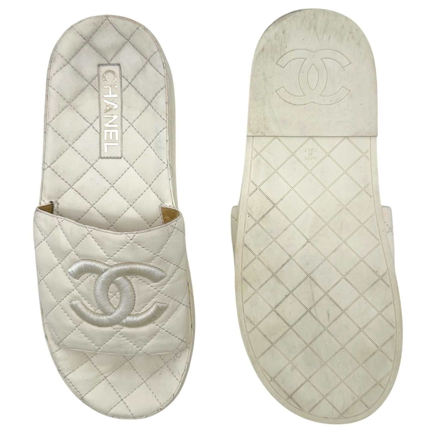 Chanel Ivory CC Logo Matelasse Quilted Slide Sandals