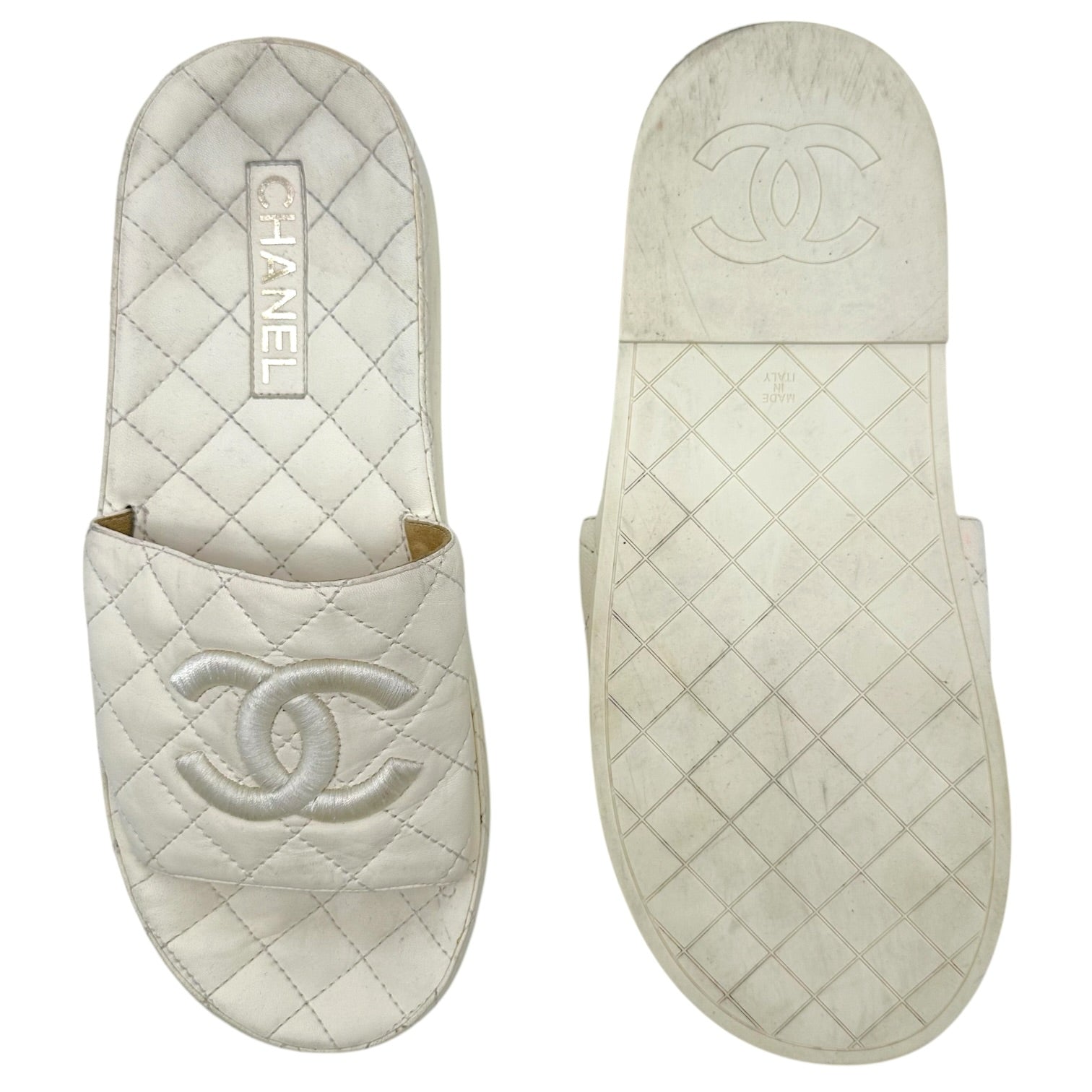 Chanel Ivory CC Logo Matelasse Quilted Slide Sandals