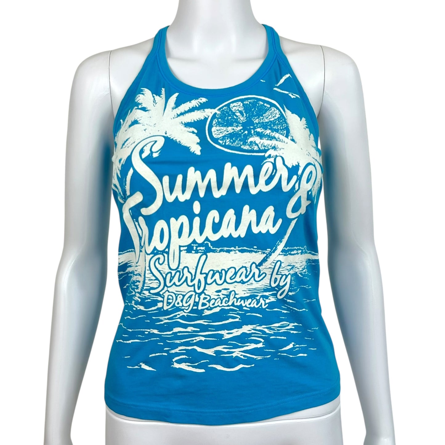 D&G Dolce & Gabbana Beachwear Blue & White Summer Tropicana Graphic Tank