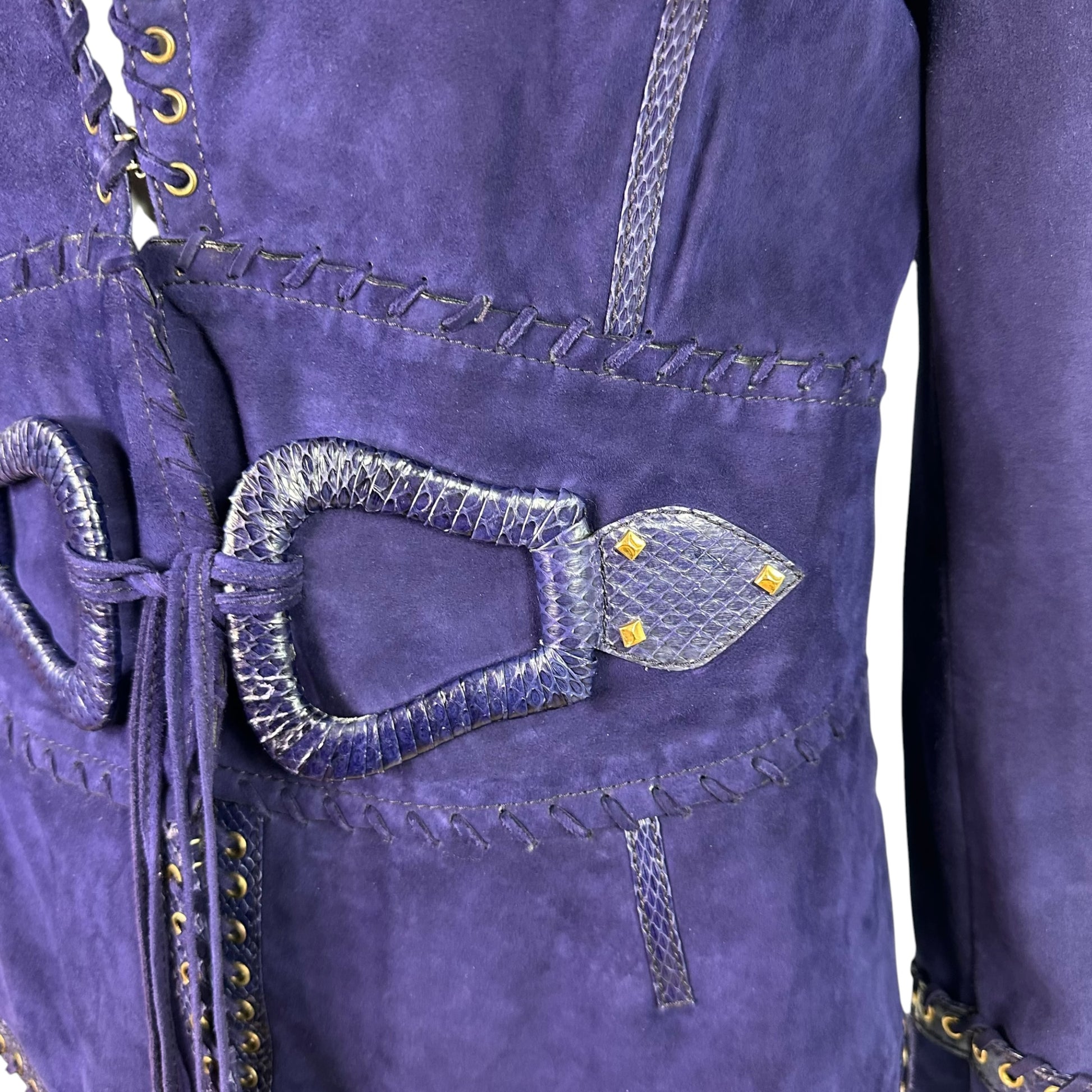 Roberto Cavalli Navy Blue Suede Blazer Jacket With Gold Trim