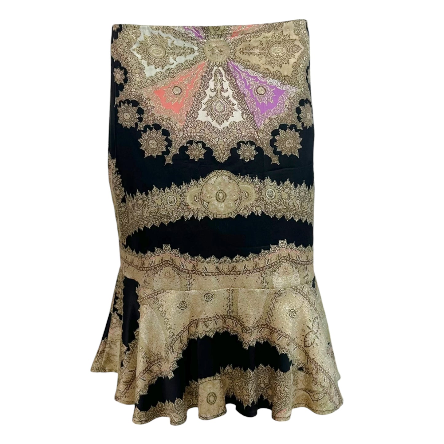 Roberto Cavalli 2004 Gold & Black Multi Metallic Print Silk Midi Skirt