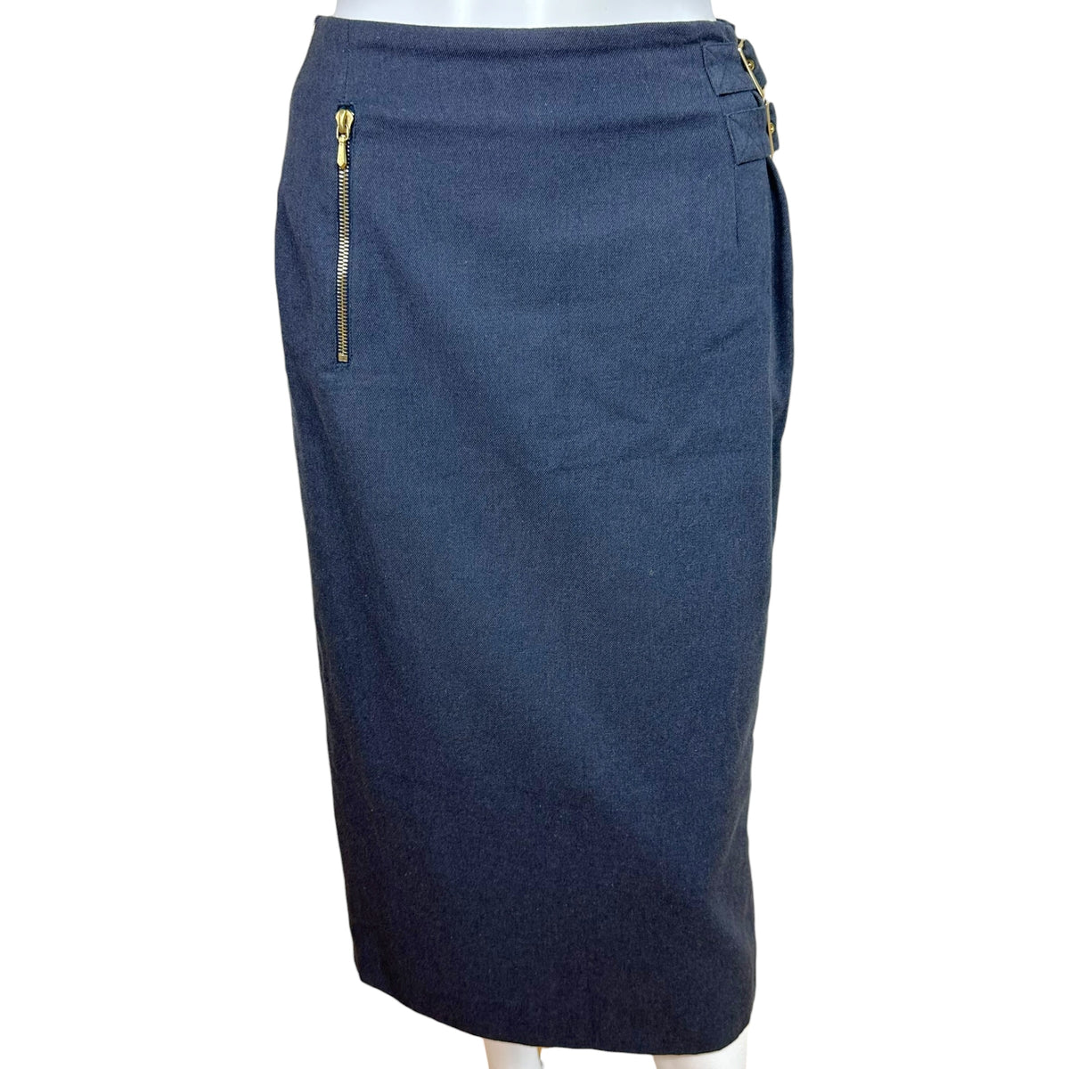 Christian Dior Dark Denim Midi Skirt With Gold Buckle