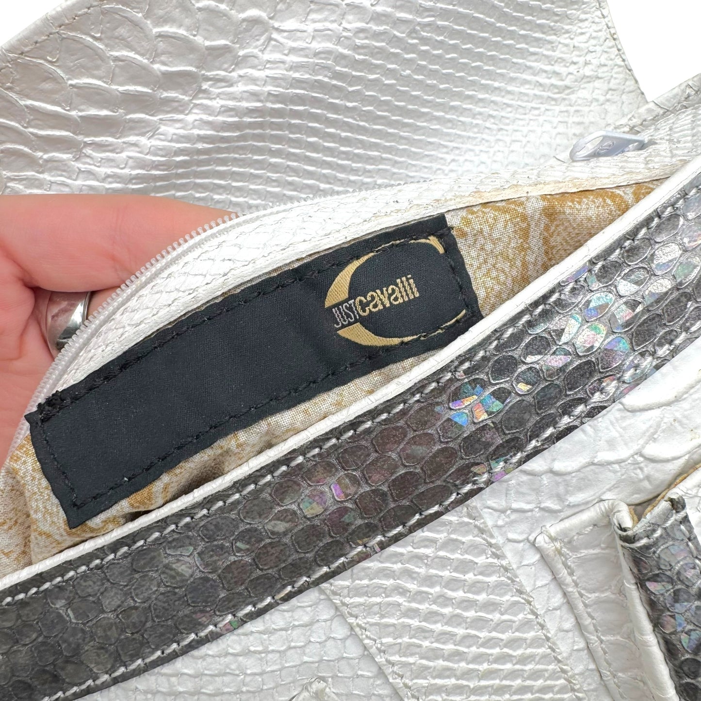 Just Cavalli White & Silver Faux Python Leather Shoulder Bag
