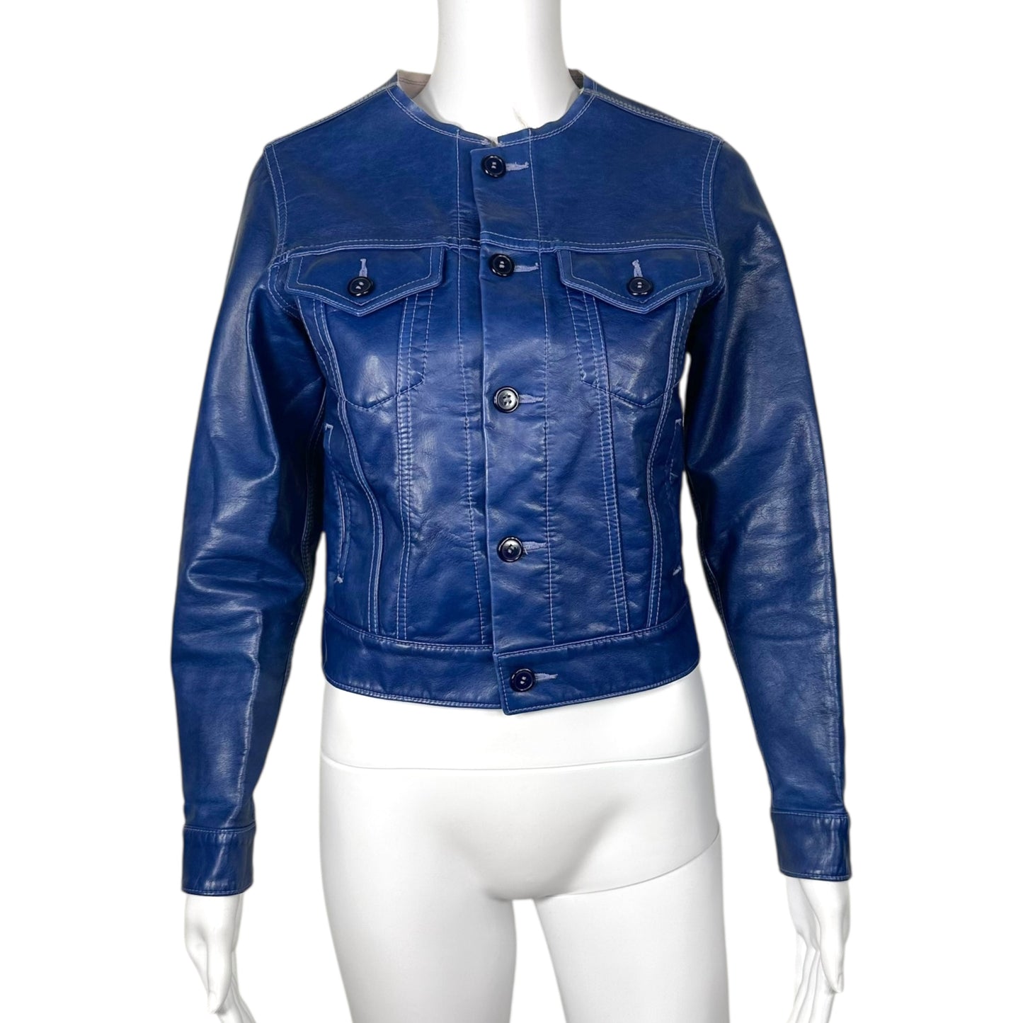 CDG Comme des Garçons ss17 Blue Faux Leather Button Up Raw Hem Jacket - Outfit Repeater