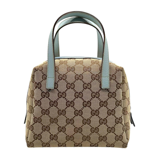 Gucci Tan Monogram Blue Leather Trim Mini Pochette Bag
