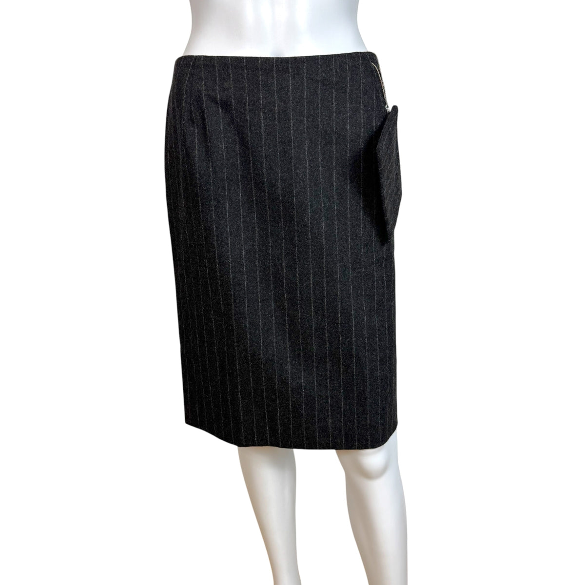 Jean Paul Gaultier Gray Wool Pinstriped Pocket Charm Wool Midi Skirt