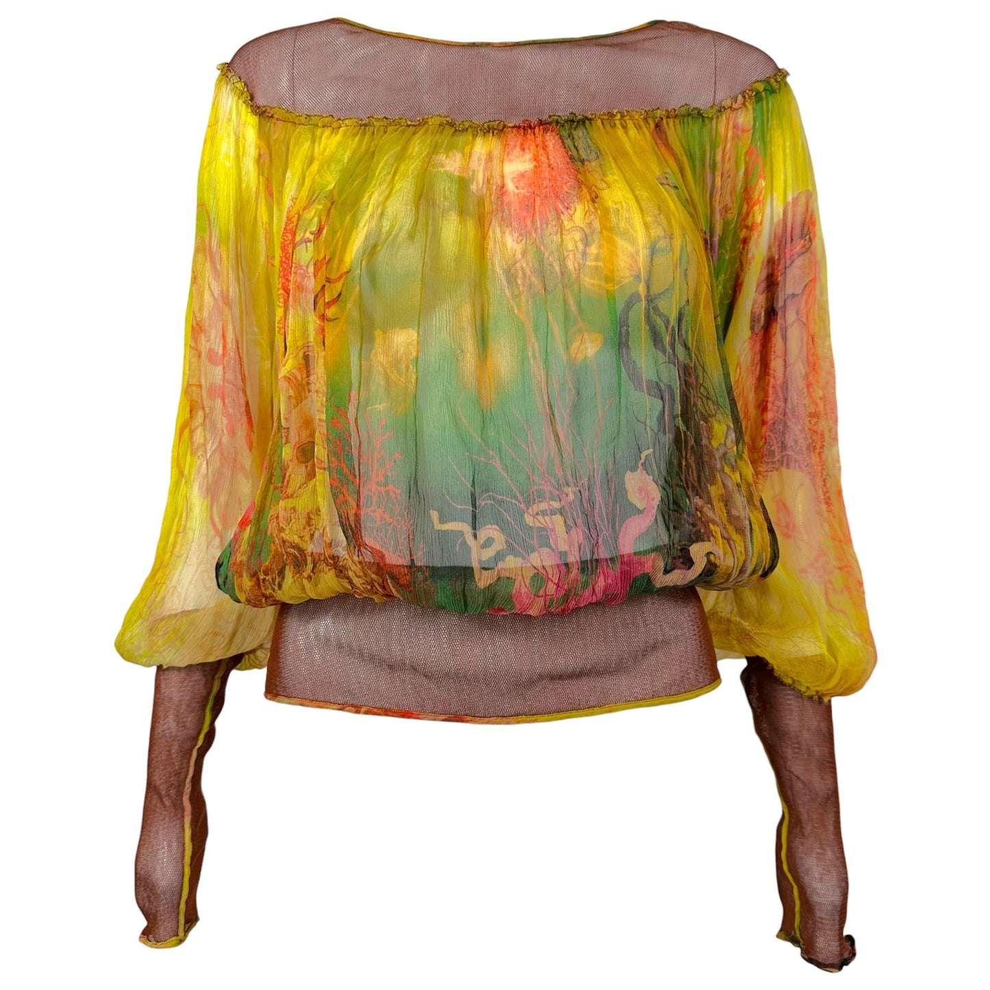 Jean Paul Gaultier Sheer Silk & Mesh Tropical Print Blouse