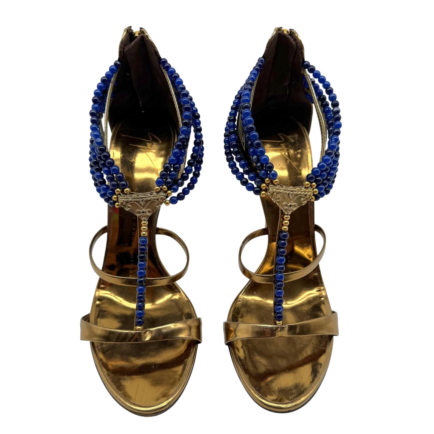 Giuseppe Zanotti Bronze Leather Blue Beaded Sandal Heels