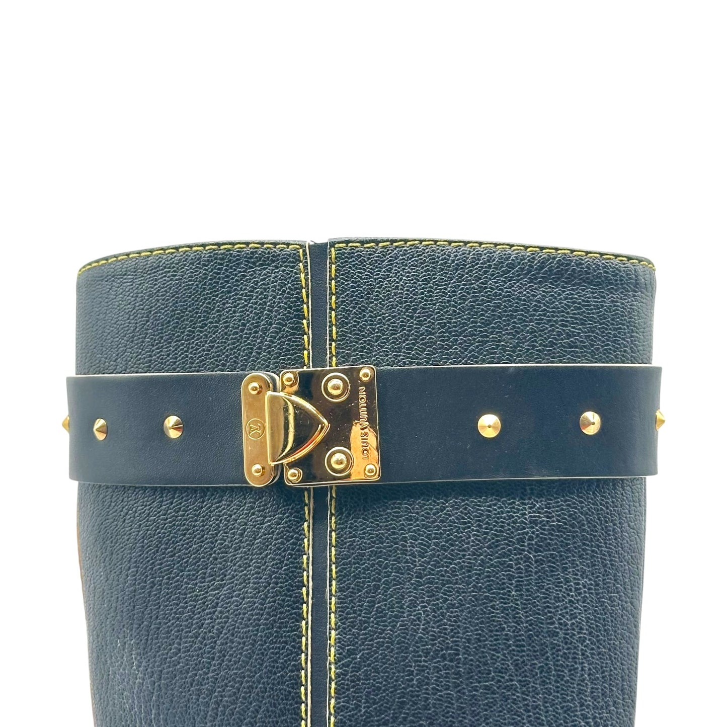 Louis Vuitton Black Leather Gold Studded Heeled Knee High Boots