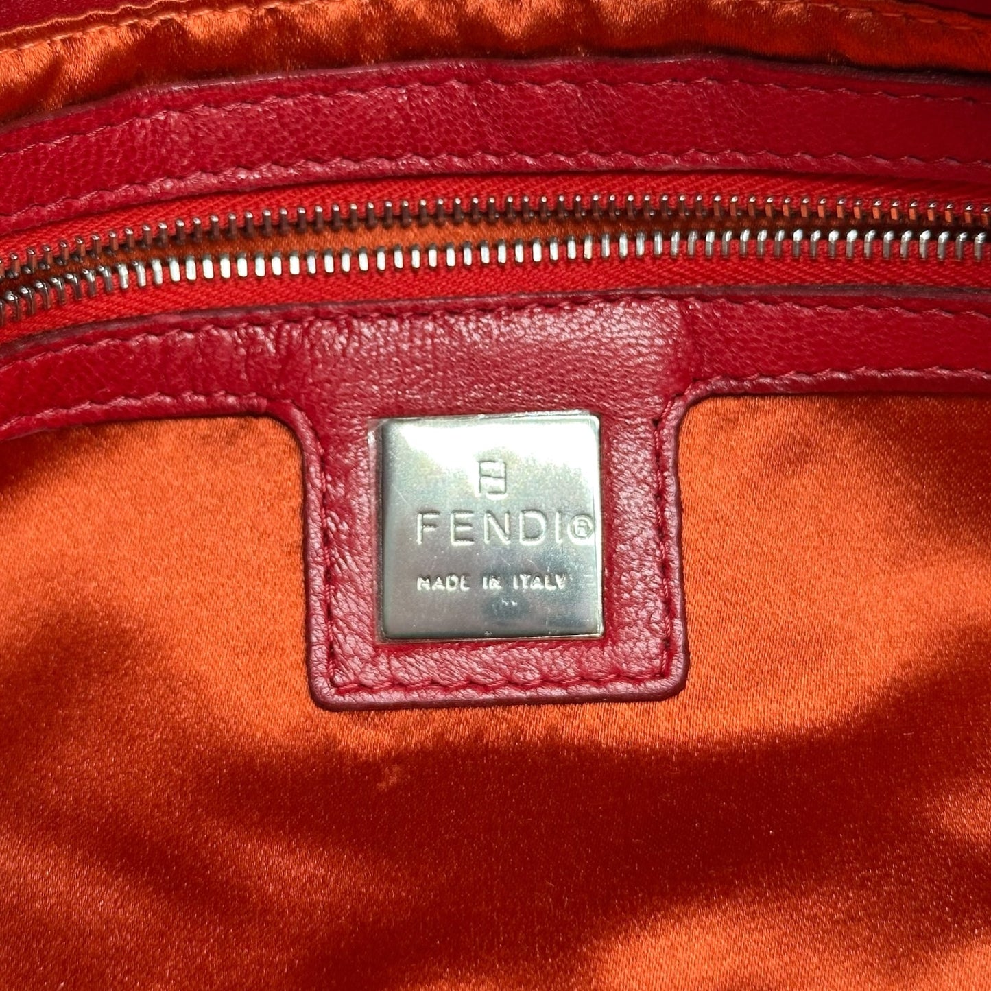 Fendi Red Leather Baguette Shoulder Bag with Yellow Stone