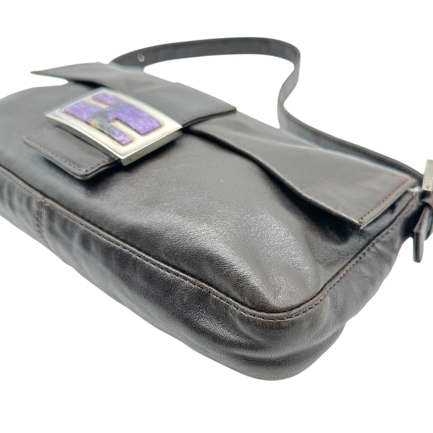 Fendi Black Lambskin Baguette Bag With Purple Stone