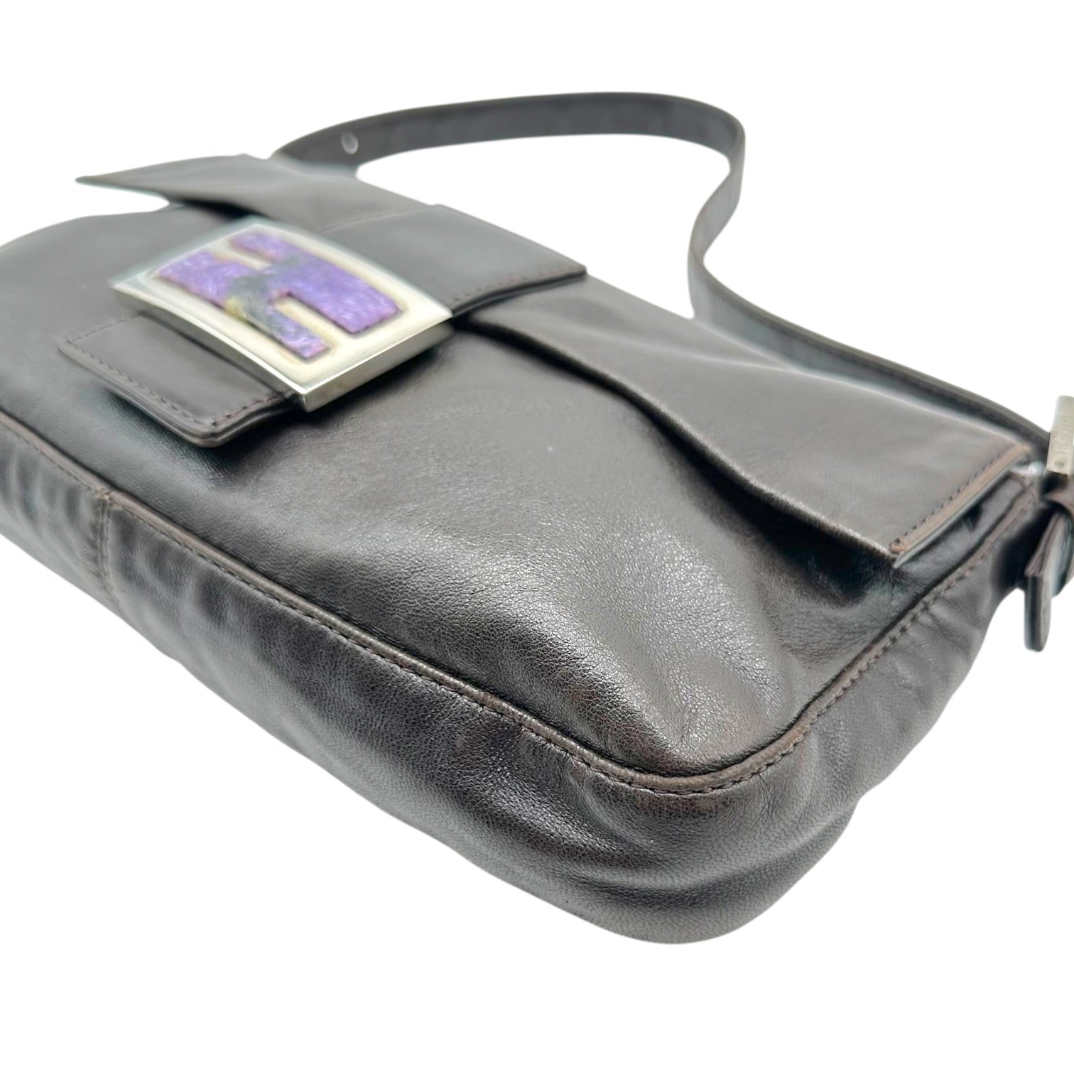 Fendi Black Lambskin Baguette Bag With Purple Stone