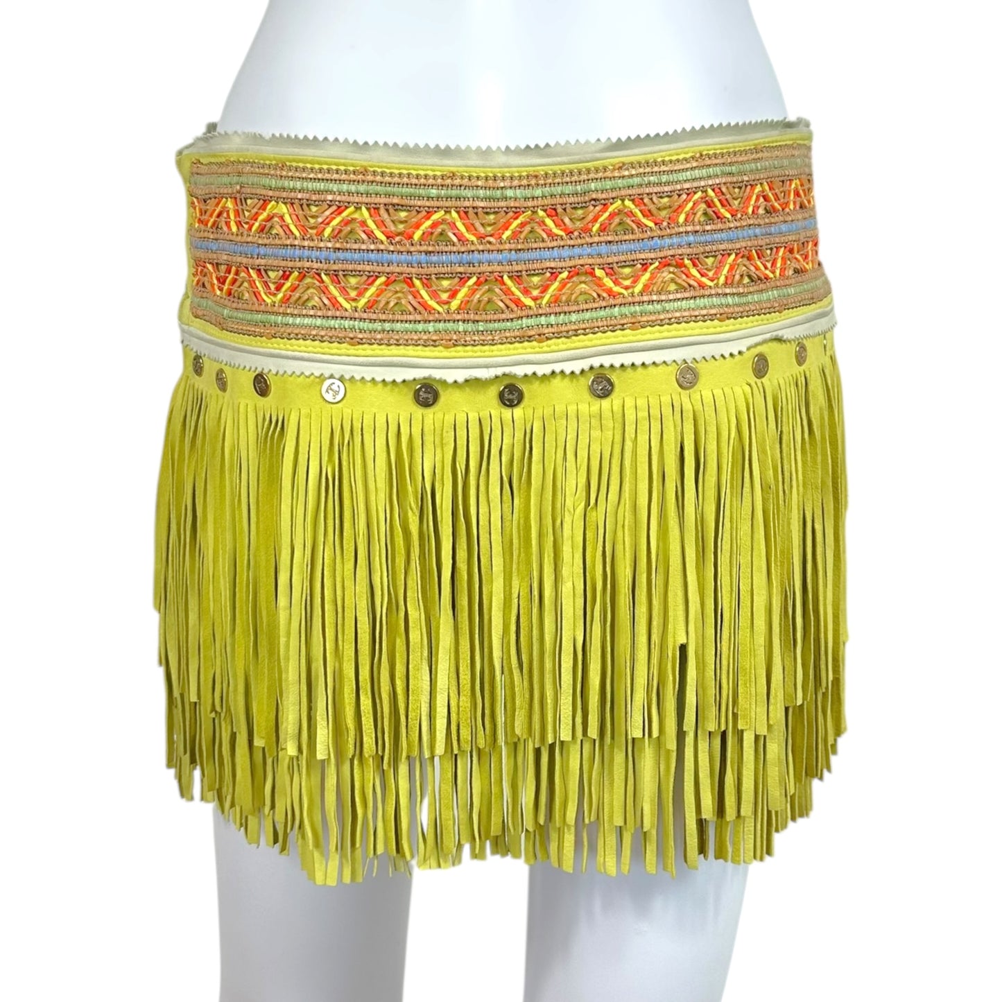Just Cavalli Roberto Cavalli Bright Yellow Multicolor Suede Fringe Mini Skirt