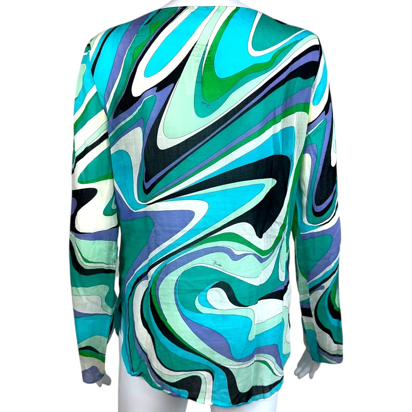 Emilio Pucci Green & Blue Printed Sheer Lace Up Blouse Top - Outfit Repeater