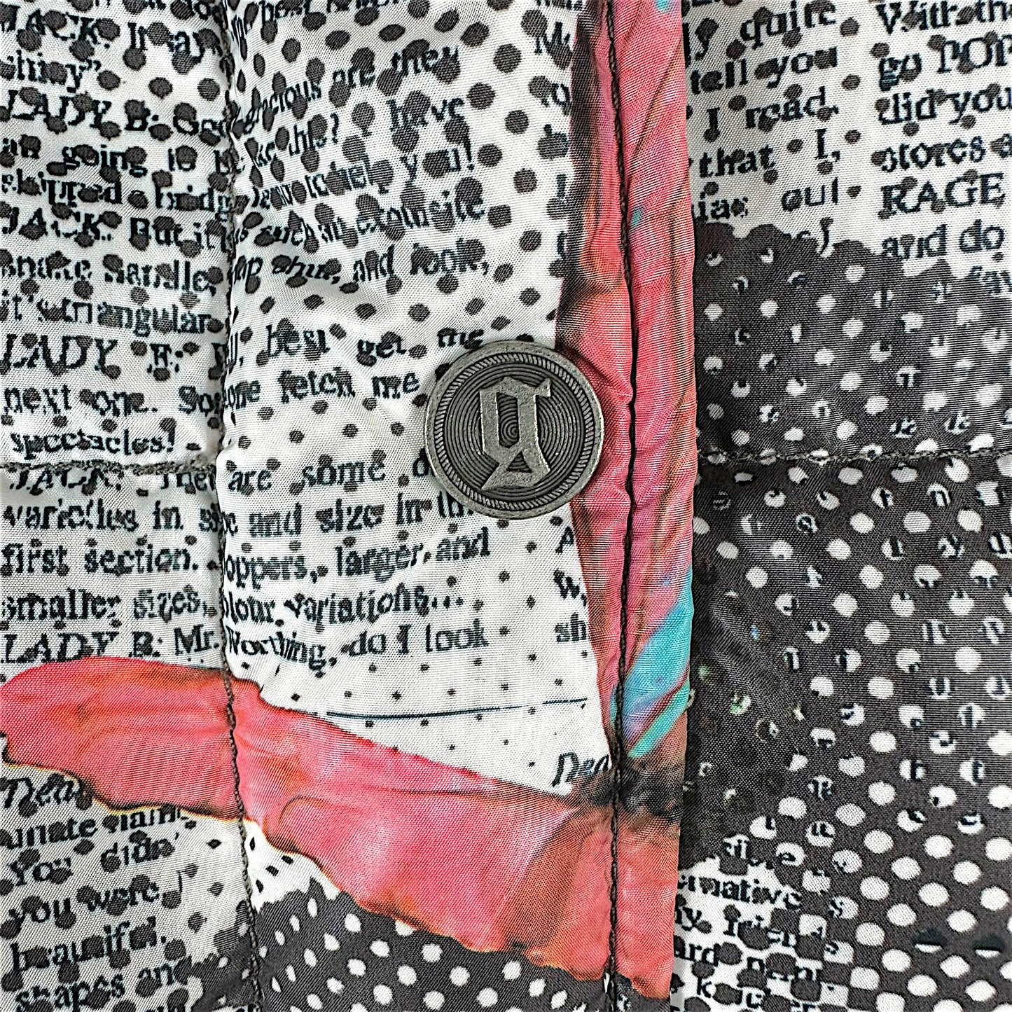 John Galliano Gazette Print Down Puffer Coat w/ Fox Fur Collar