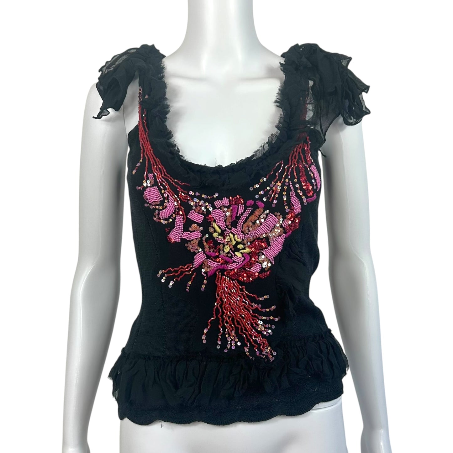 Christian Lacroix Bazar Black Silk & Knit Beaded Tank Top