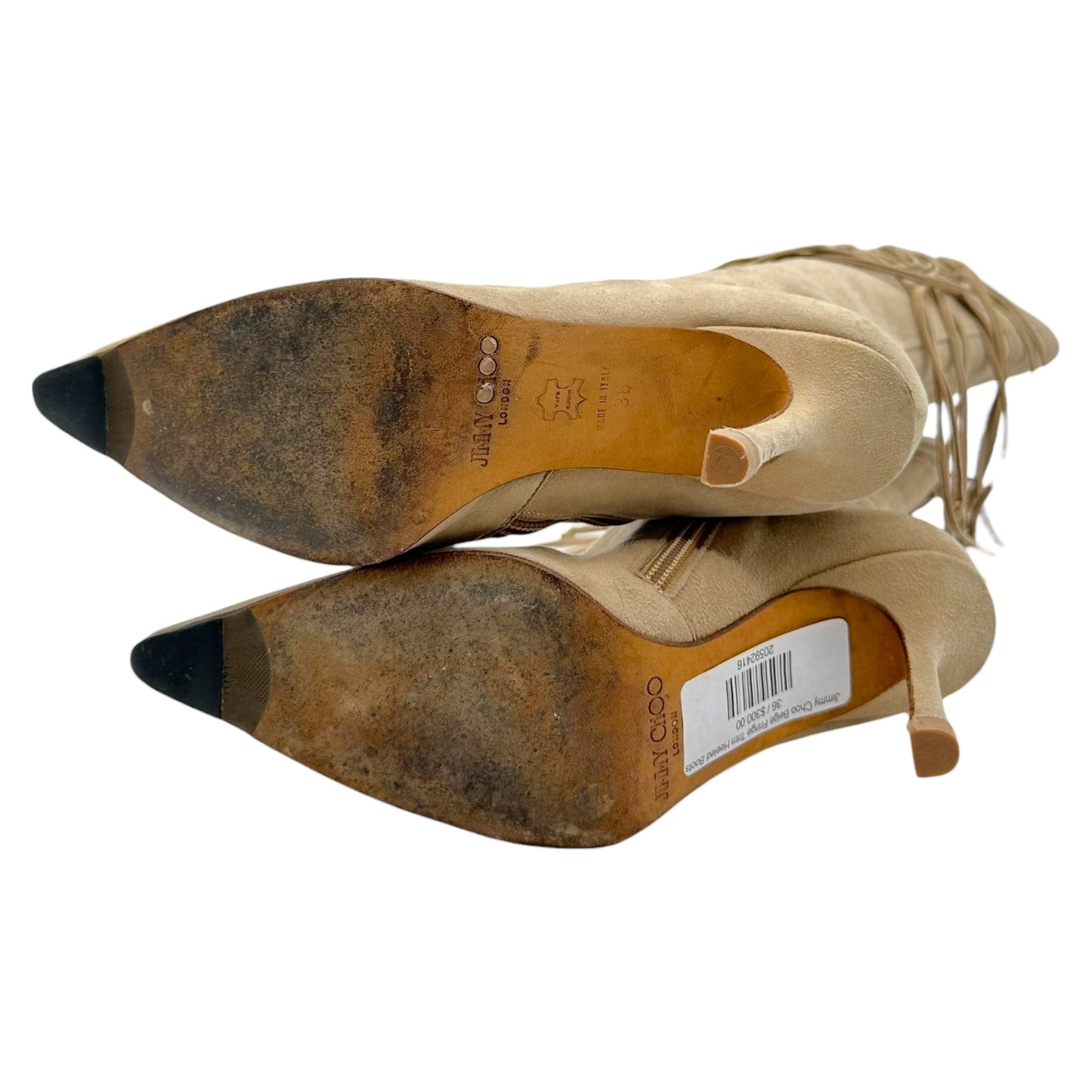 Jimmy Choo Beige Fringe Trim Heeled Boots