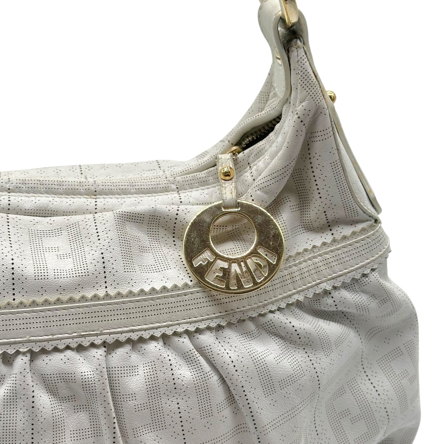 Fendi White Perforated Leather  Zucca Monogram Medium Chef Bag - Outfit Repeater