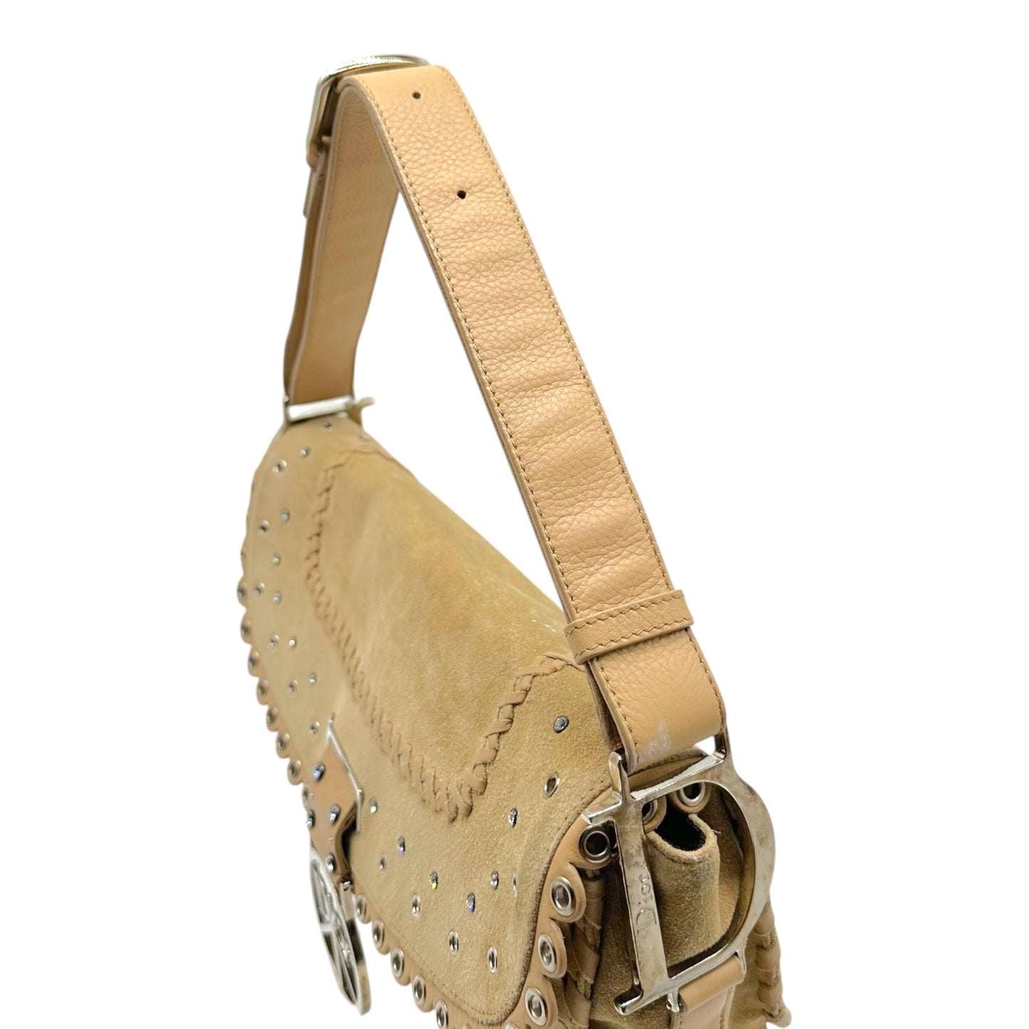 Christian Dior Tan Suede Rhinestone Shoulder Bag