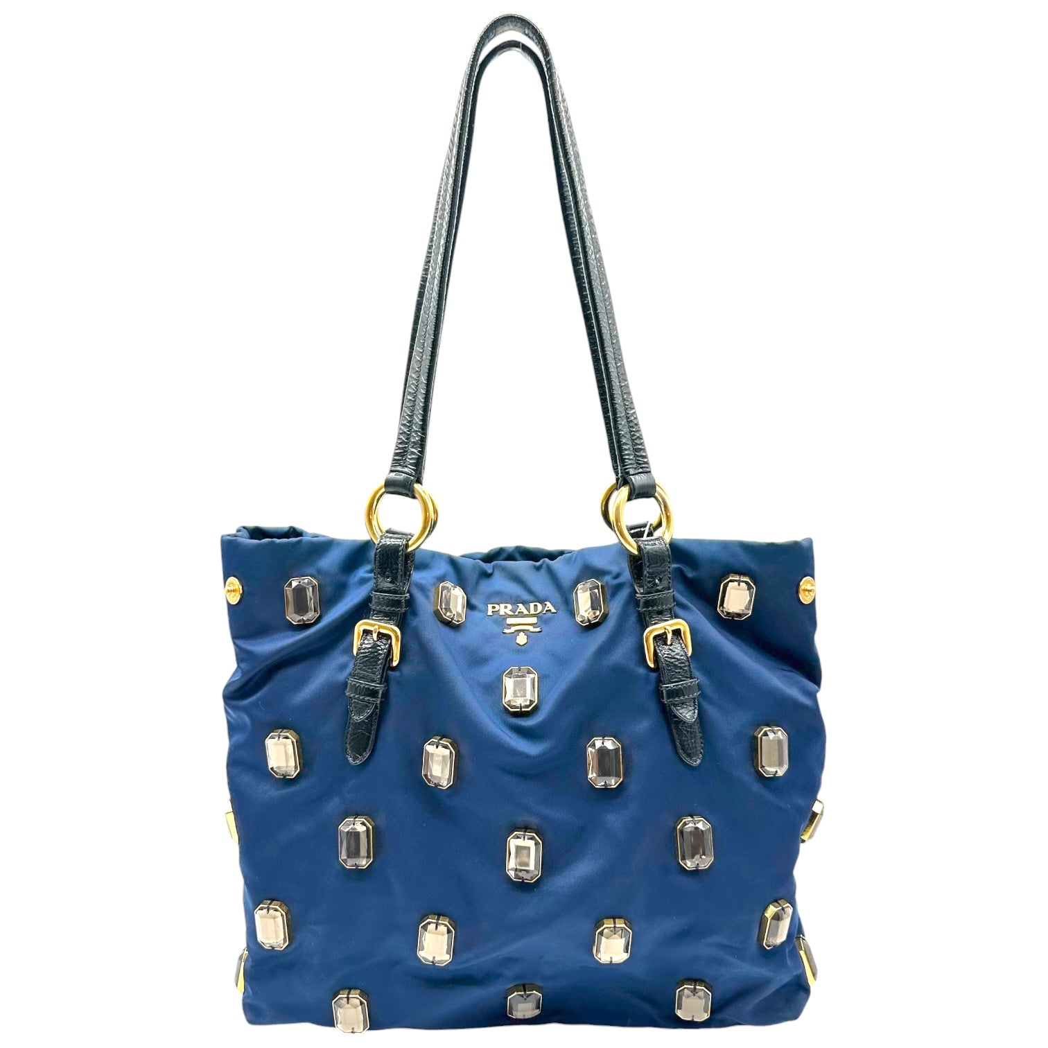 Prada Navy Blue Black Crystal Embellished Tote Bag