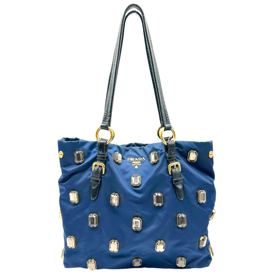Prada Navy Blue Black Crystal Embellished Tote Bag