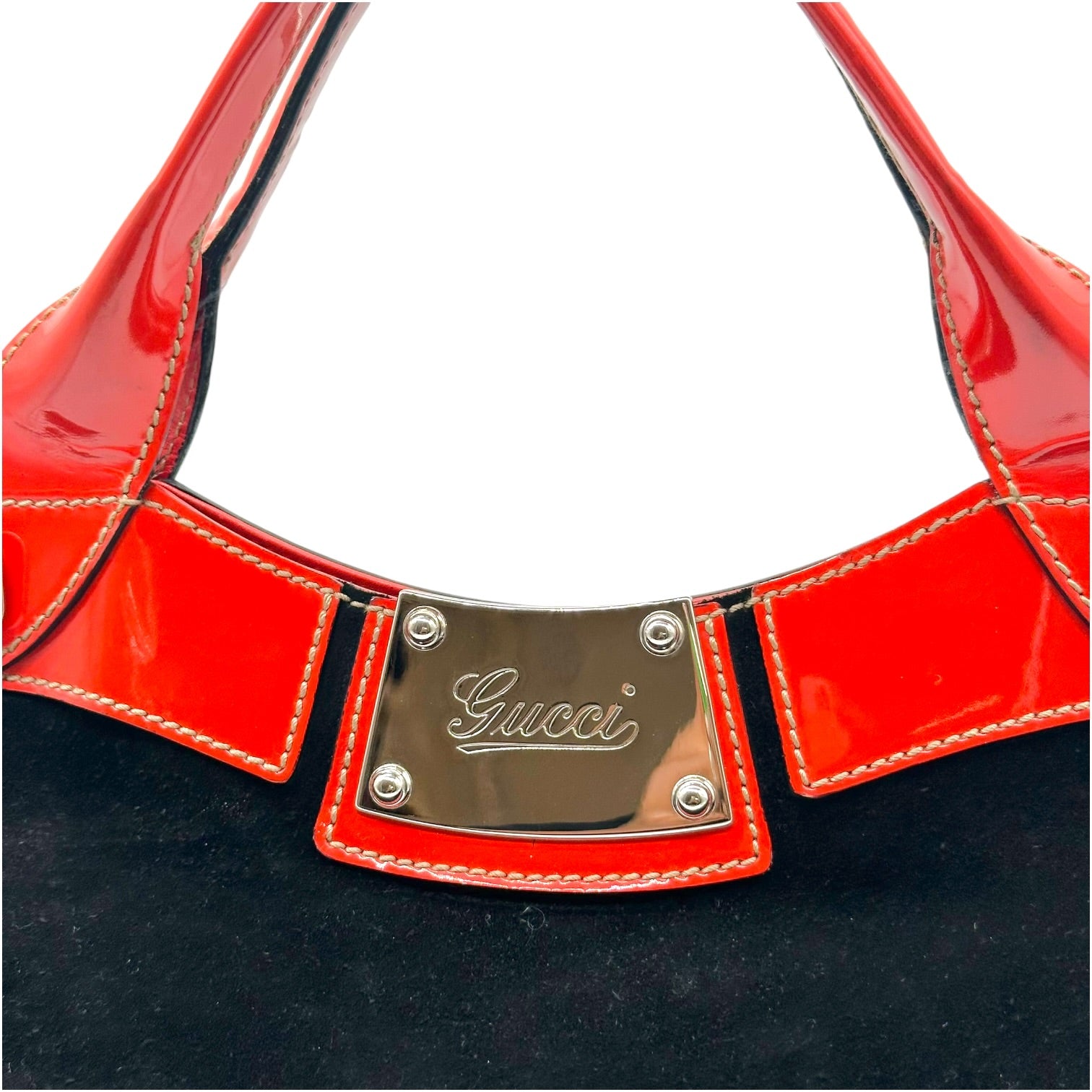 Gucci Black Suede Red Patent Fringe Tote Bag