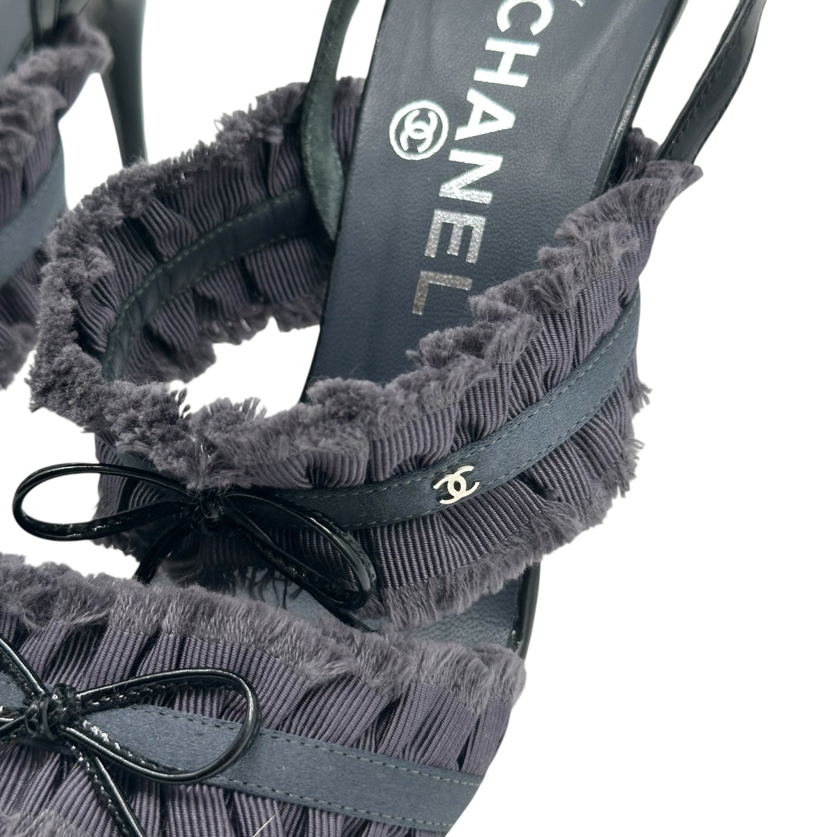 Chanel Dark Gray Ruffle & Bow Sandal Heels
