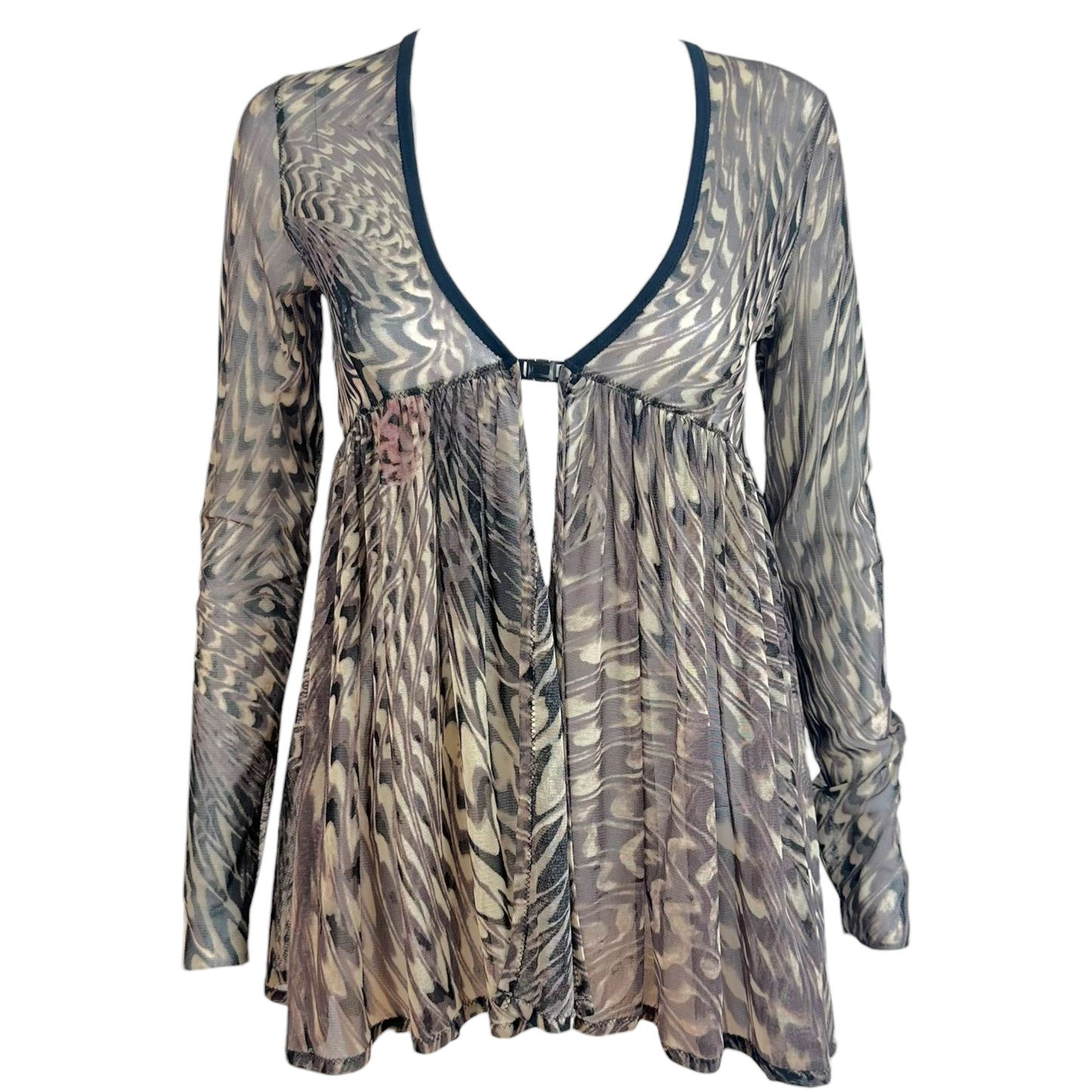 Jean Paul Gaultier Black & Gray Swirl Print Mesh Babydoll Cardigan Top