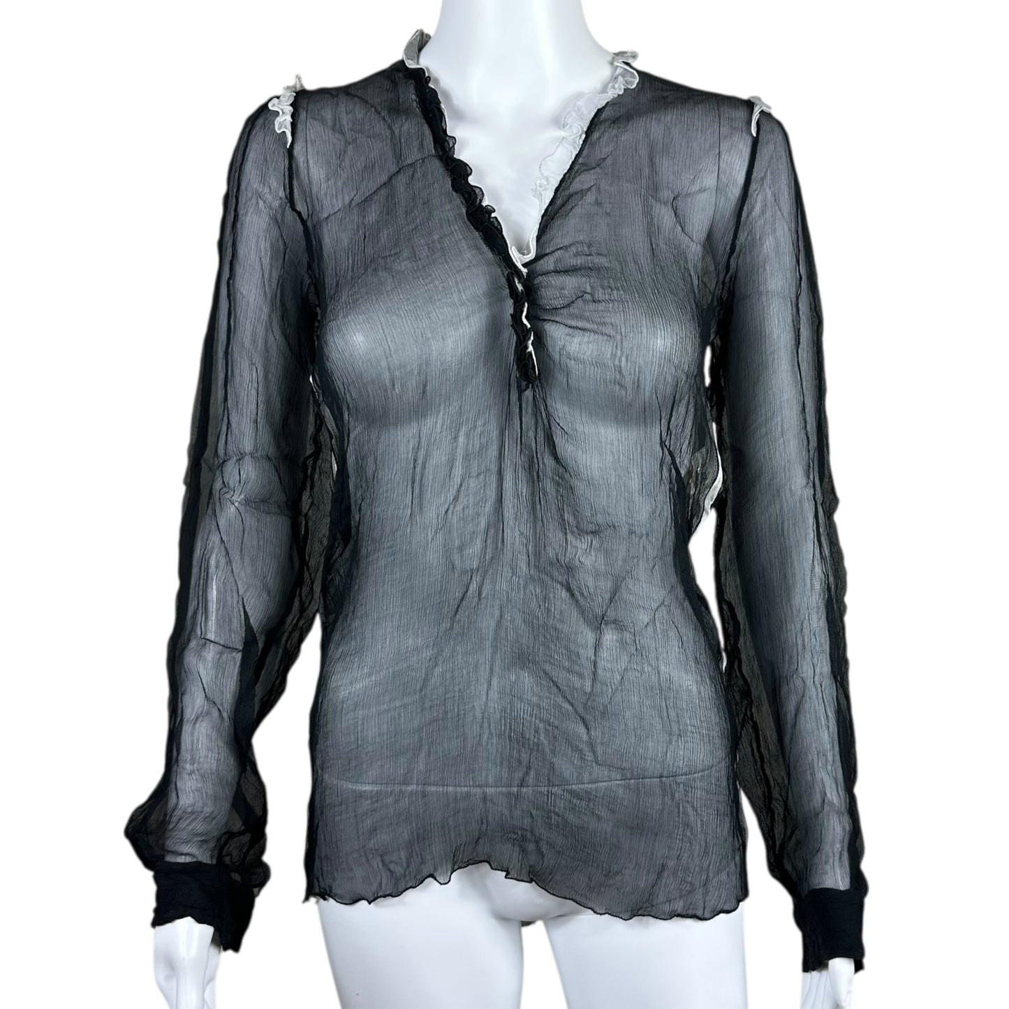 Dolce & Gabbana Black Silk Sheer Ruffle Trim Blouse NEW - Outfit Repeater