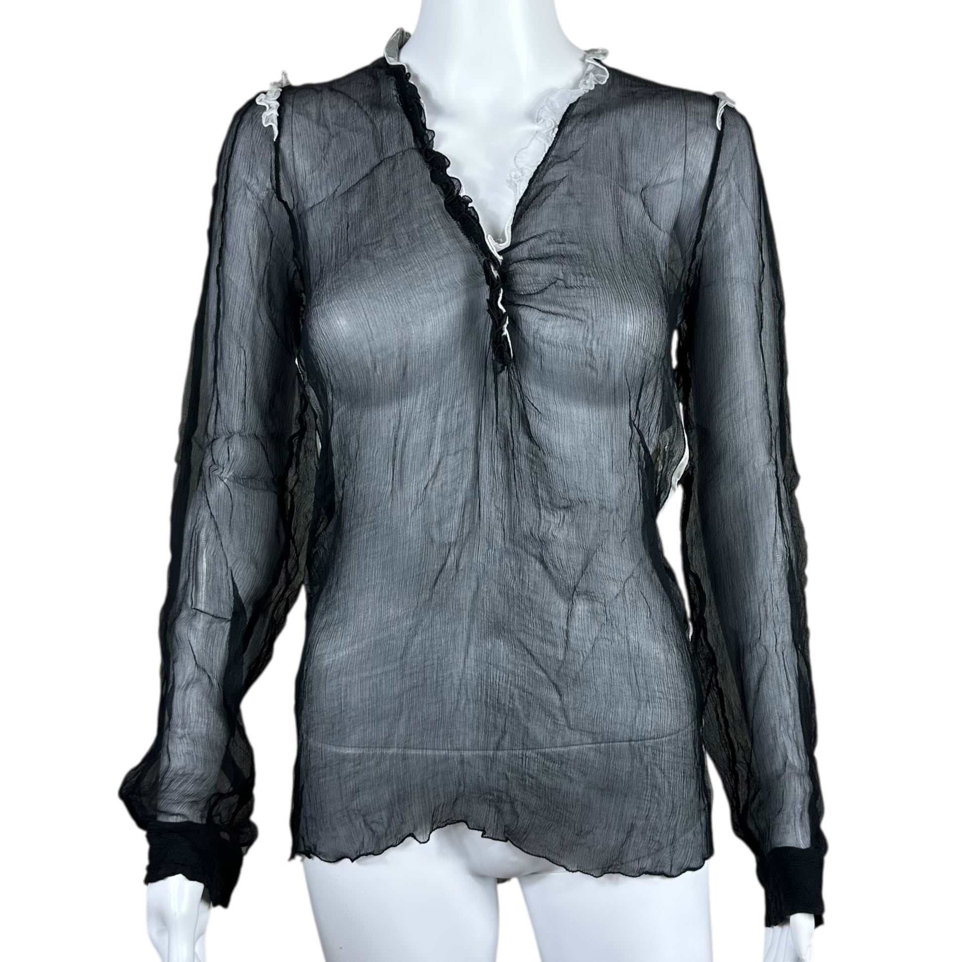 Dolce & Gabbana Black Silk Sheer Ruffle Trim Blouse NEW - Outfit Repeater