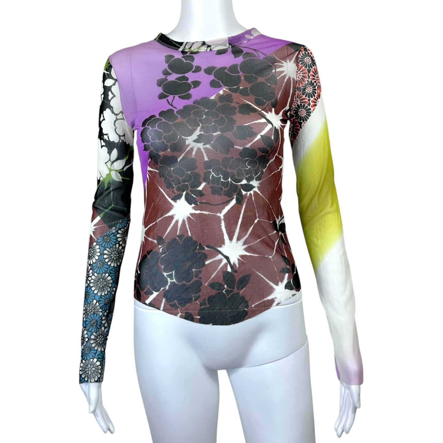 Jean Paul Gaultier Purple & Green Floral Print Mesh Longsleeve Top