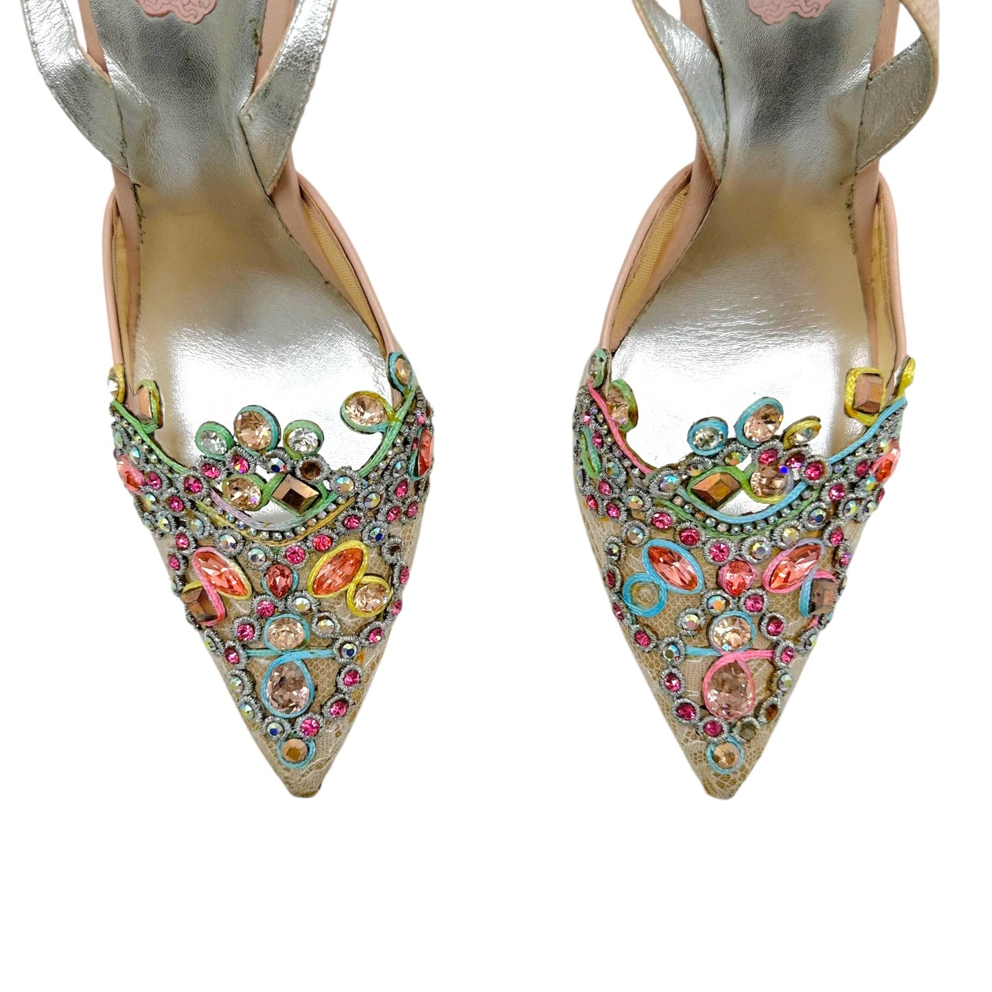 Rene Caovilla Slingback Heels Multicolor Crystal Beige Lace