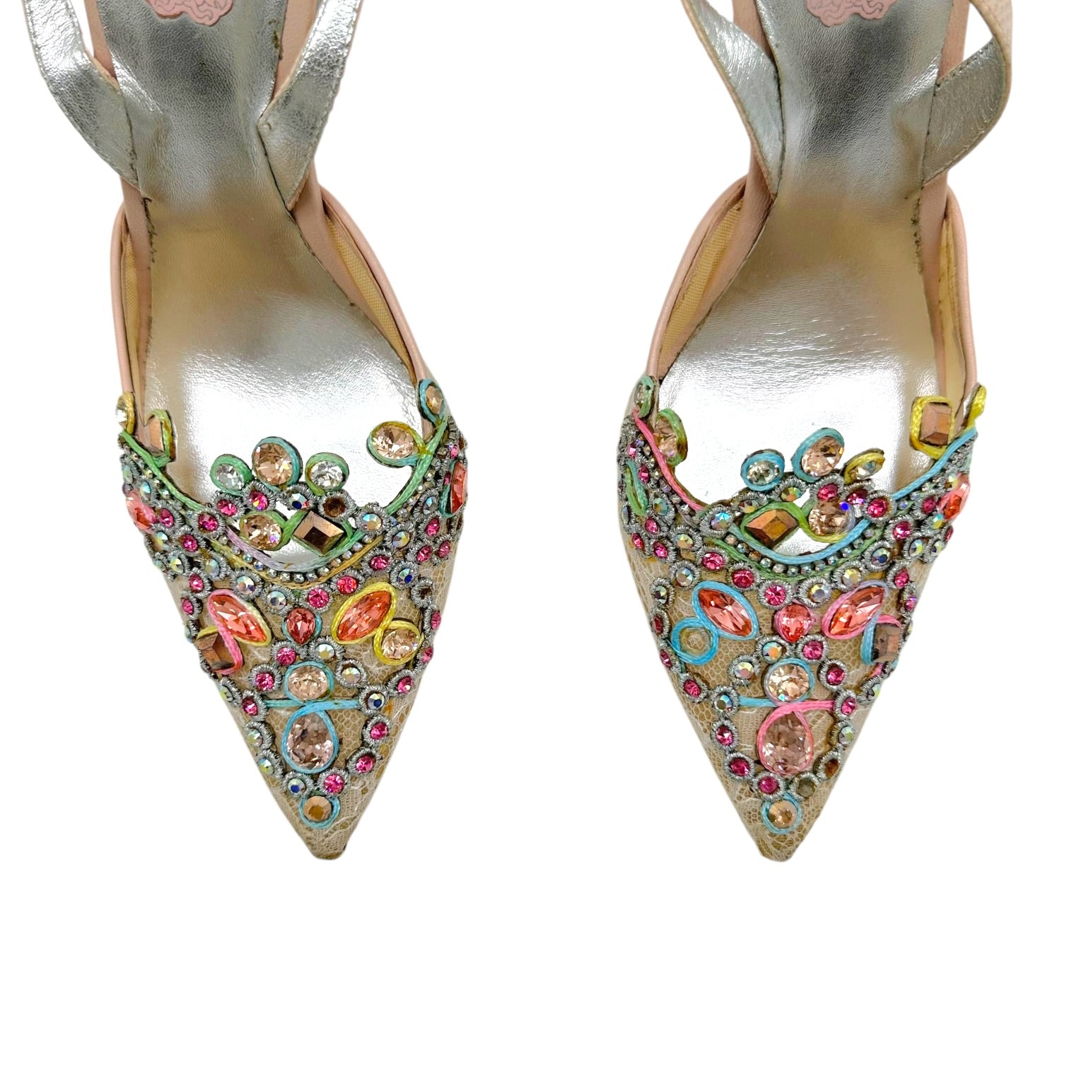 Rene Caovilla Slingback Heels Multicolor Crystal Beige Lace