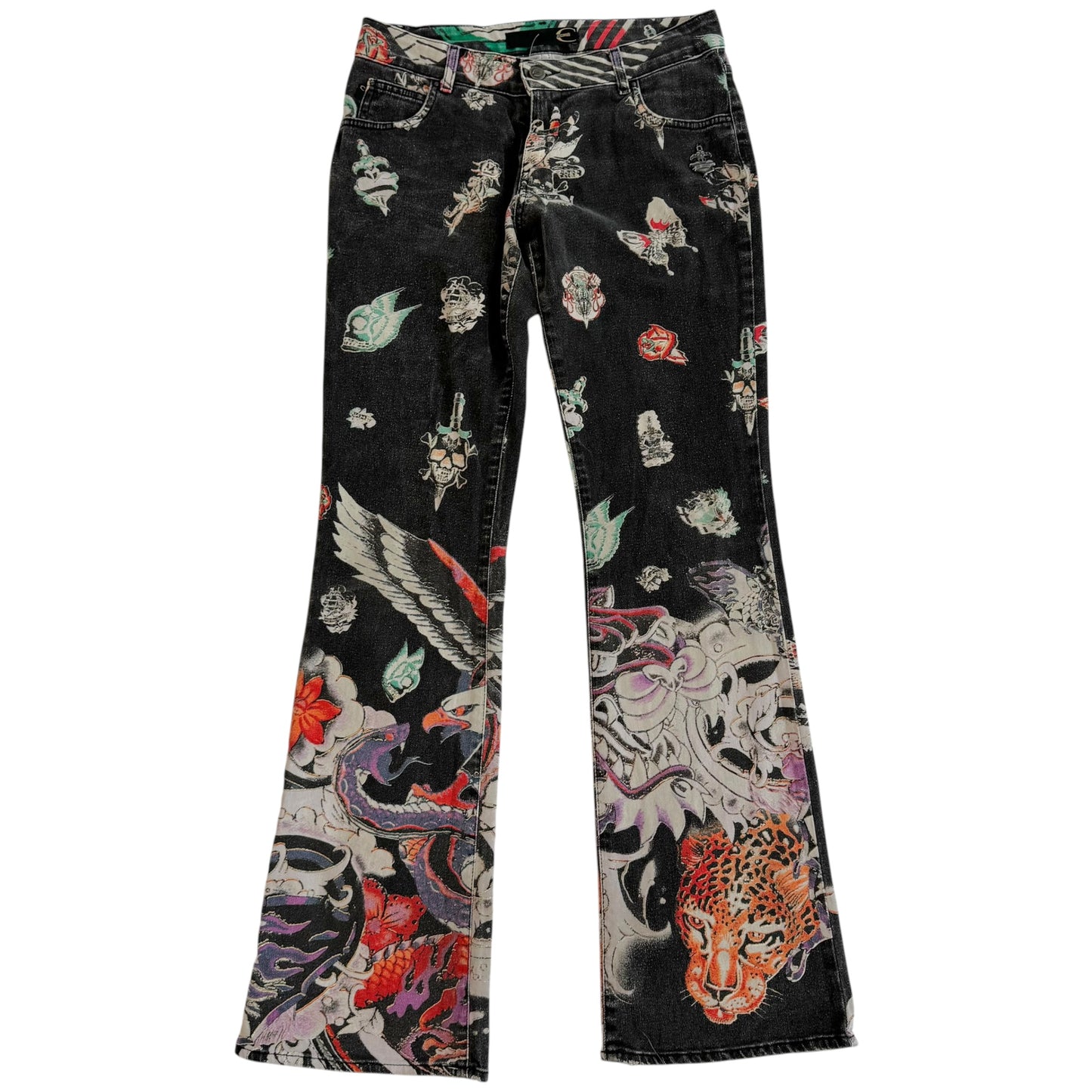 Roberto Cavalli Black Multicolor Tattoo Print Flare Jeans