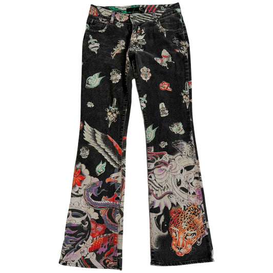 Just Cavalli Roberto Cavalli Black Multiclor Tattoo Printed Flare Jeans