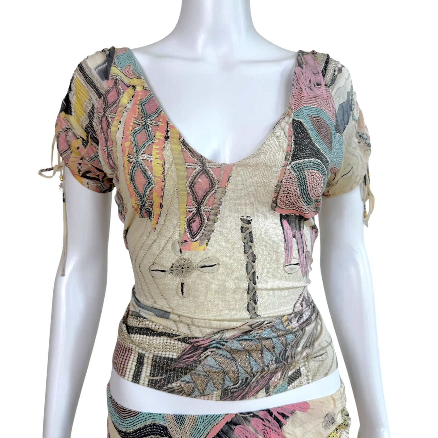 Roberto Cavalli S/S 2003 Metallic & Pastel Printed Silk Blouse & Midi Skirt Set