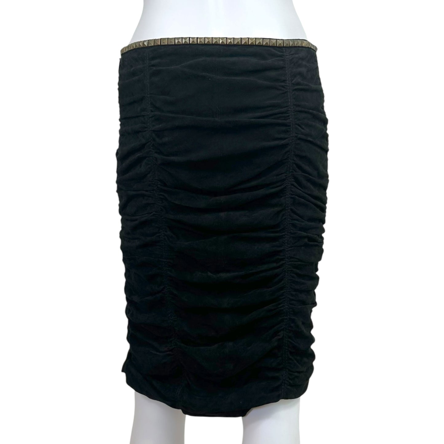 Roberto Cavalli 2005 Studded Gathered Suede Midi Skirt