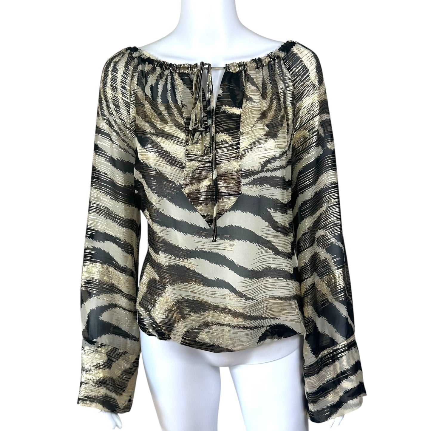 Gucci Gold Metallic Zebra Print Silk Blouse