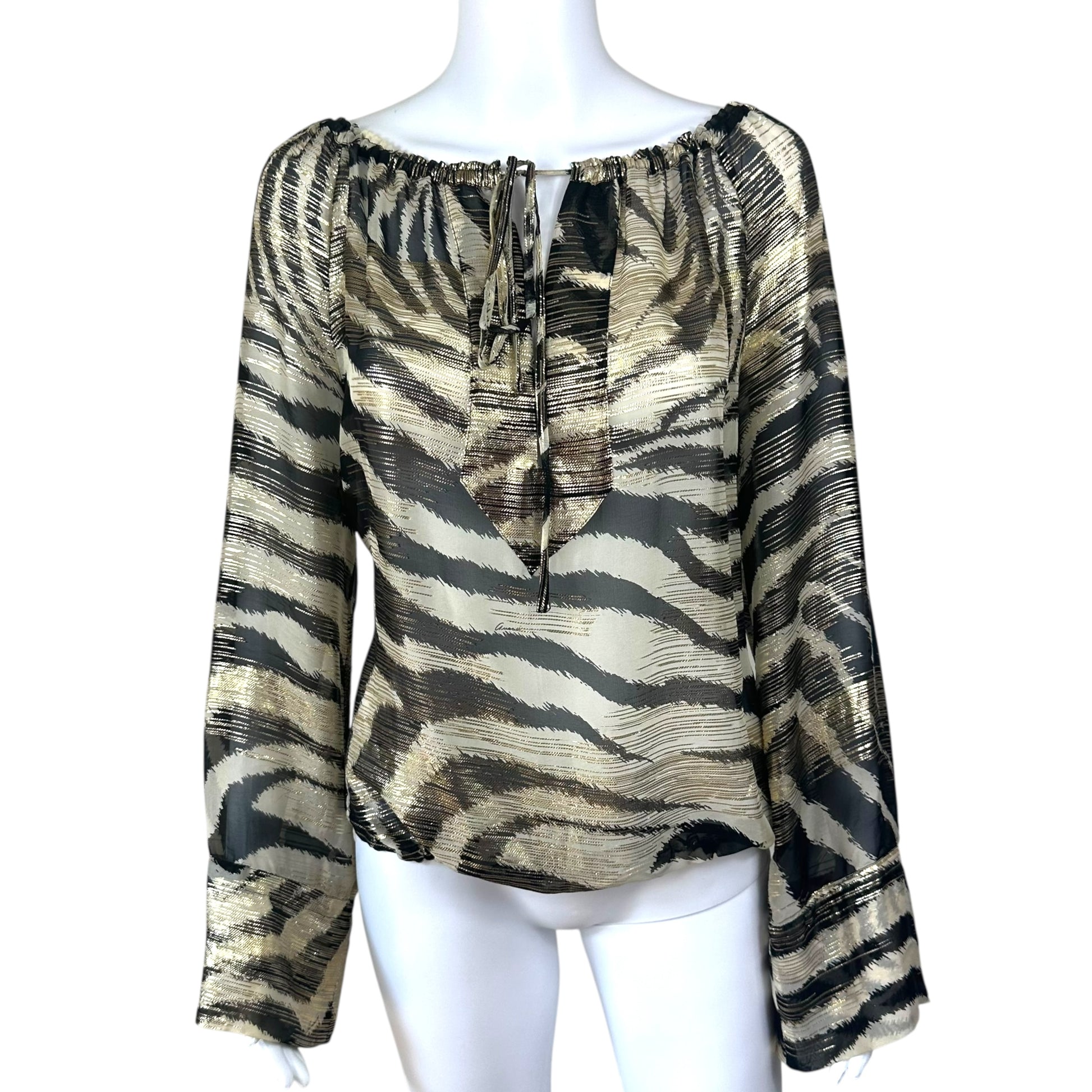 Gucci Gold Metallic Zebra Print Silk Blouse