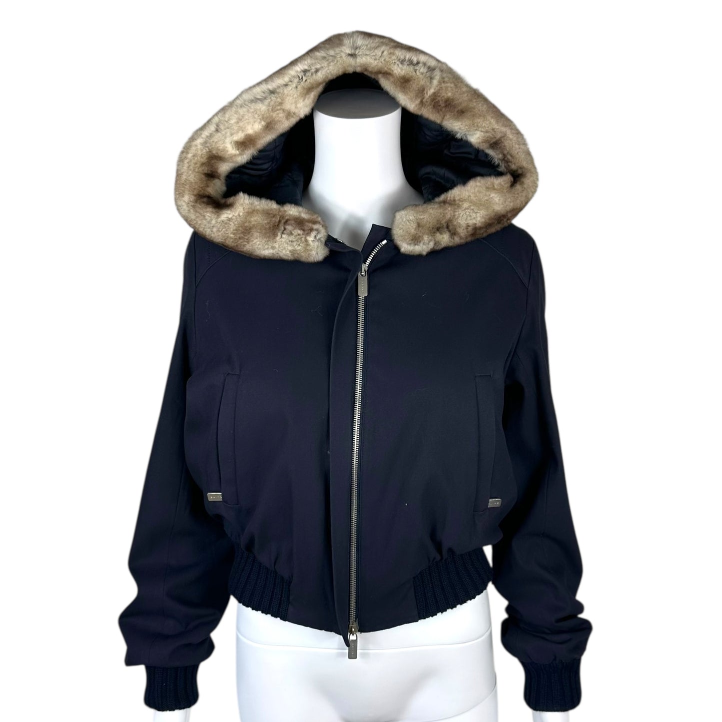 Celine Rabbit Fur Trim Hooded Navy Blue Bomber Jacket