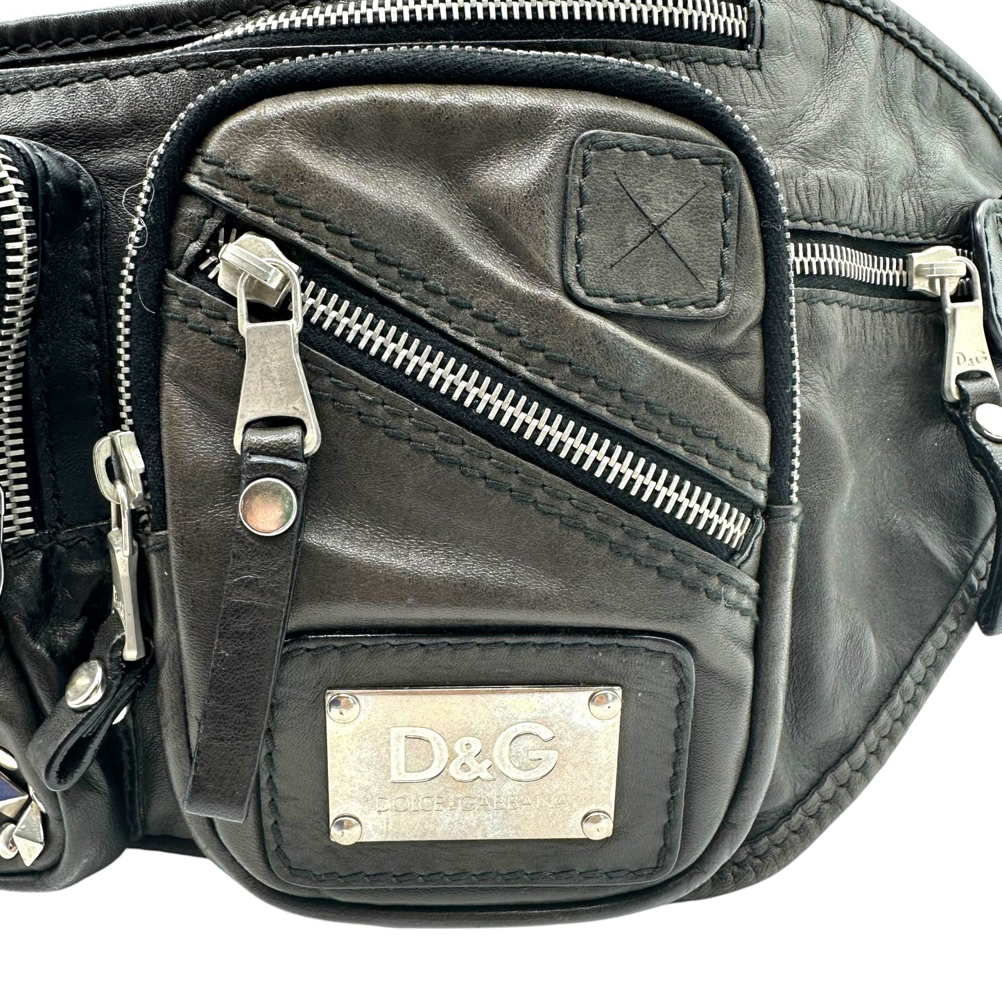 D&G Dolce & Gabbana Safety Pin Union Jack Black Leather Waist Bag