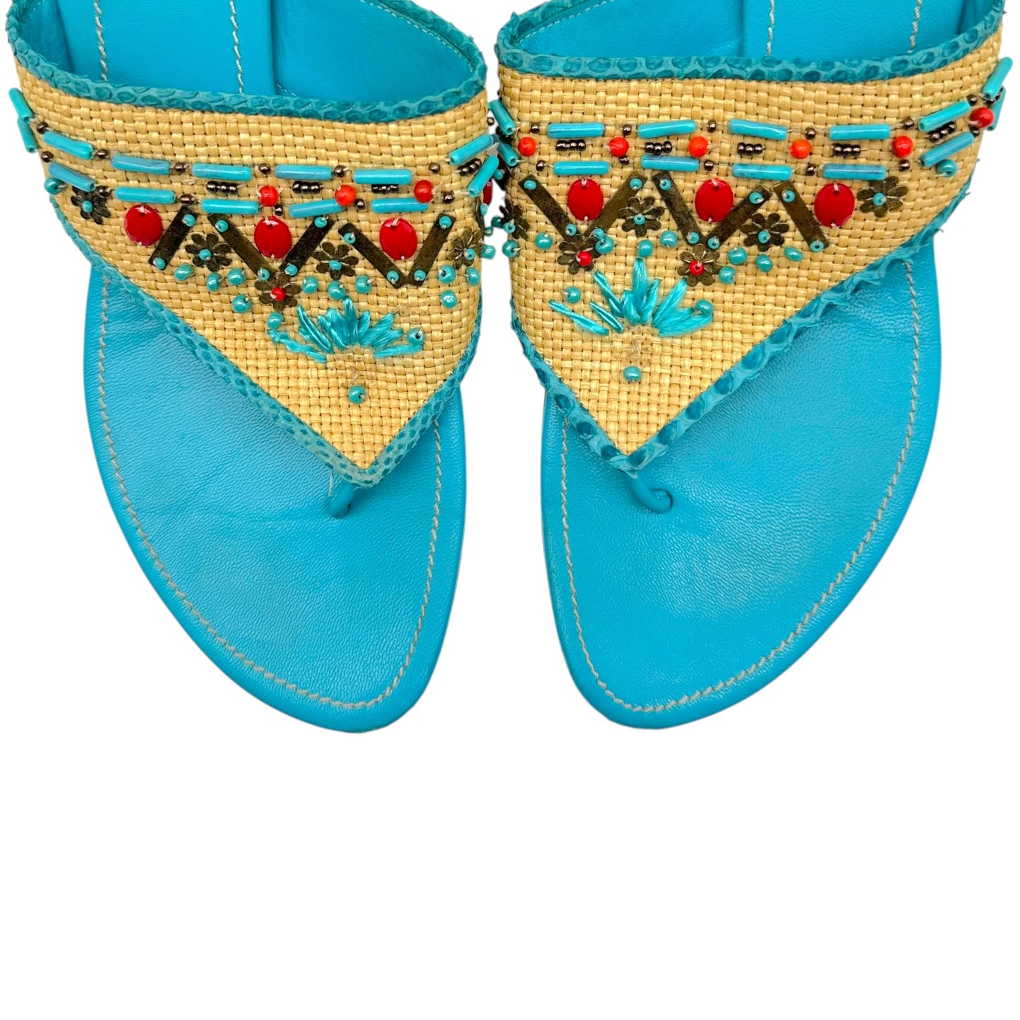 Blumarine Multicolor Beaded Raffia Kitten Heel Flip Flops