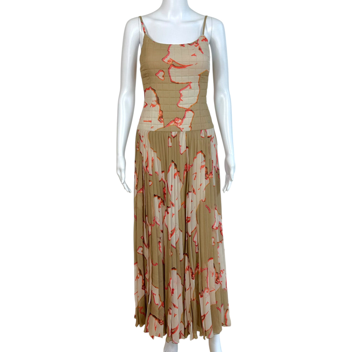 Chanel Silk Pleated Maxi Dress Taupe Face Print