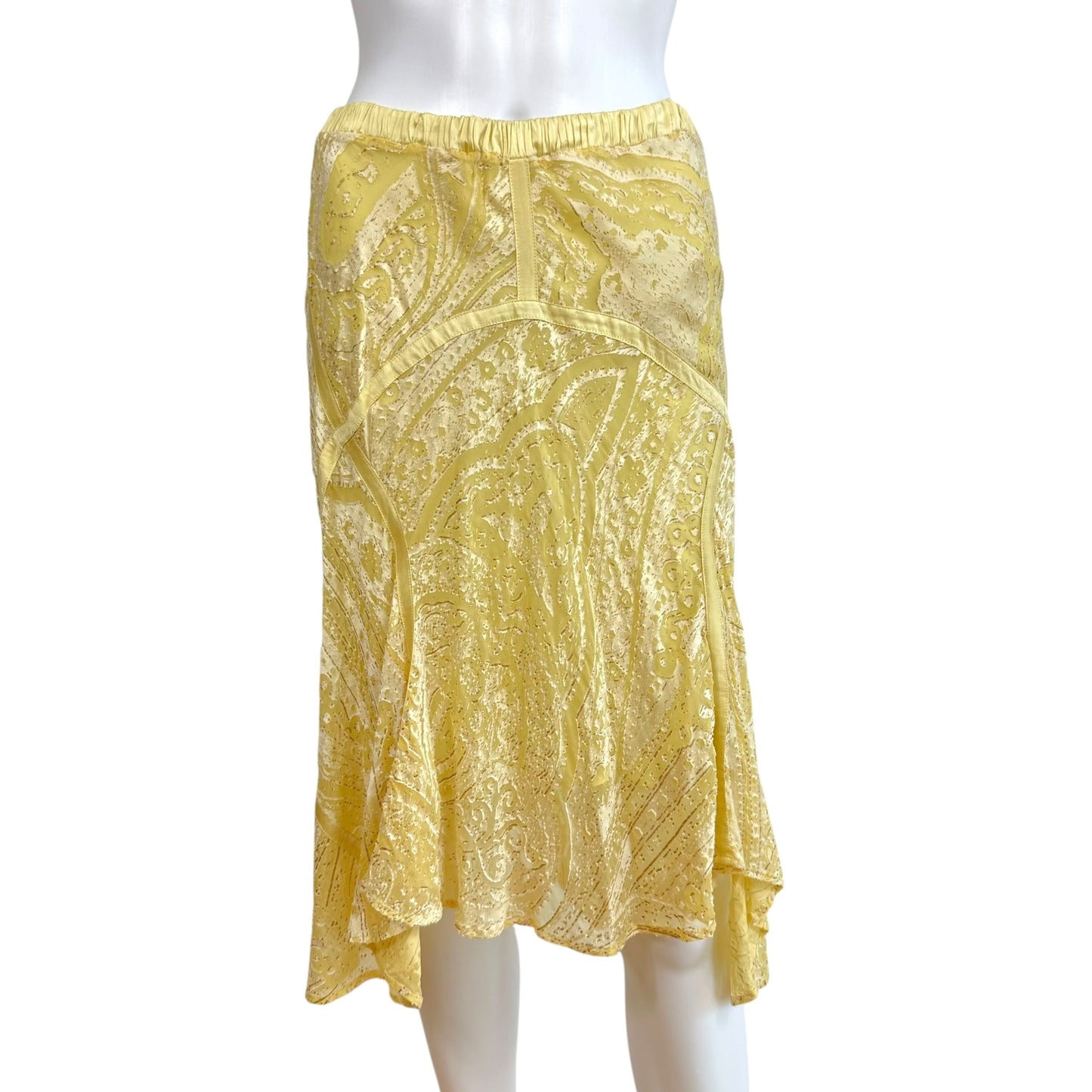 Roberto Cavalli S/S 2004 Yellow Paisley Silk Asymmetrical Hem Midi Skirt