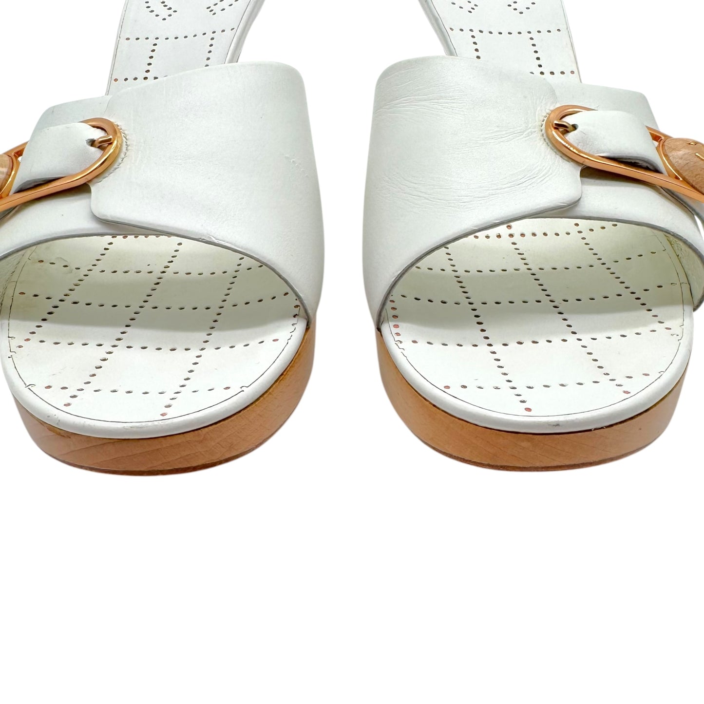 Chanel White Leather Platform Mule Heels with Safety Pin