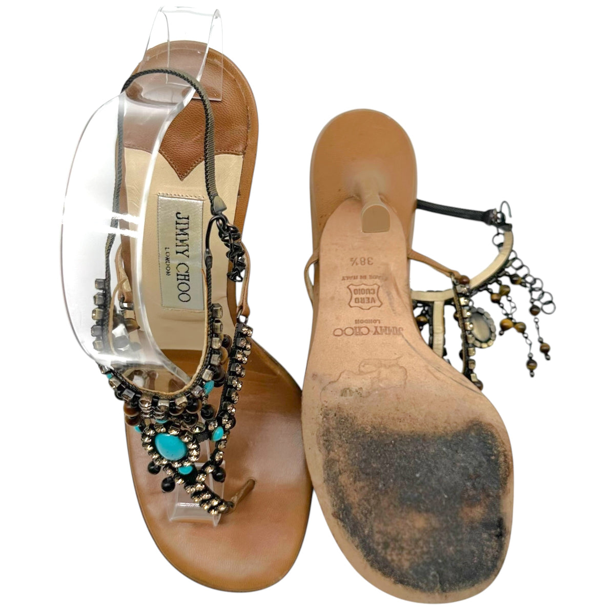 Jimmy Choo Thong Sandal Heels Turquoise Crystal Embellished