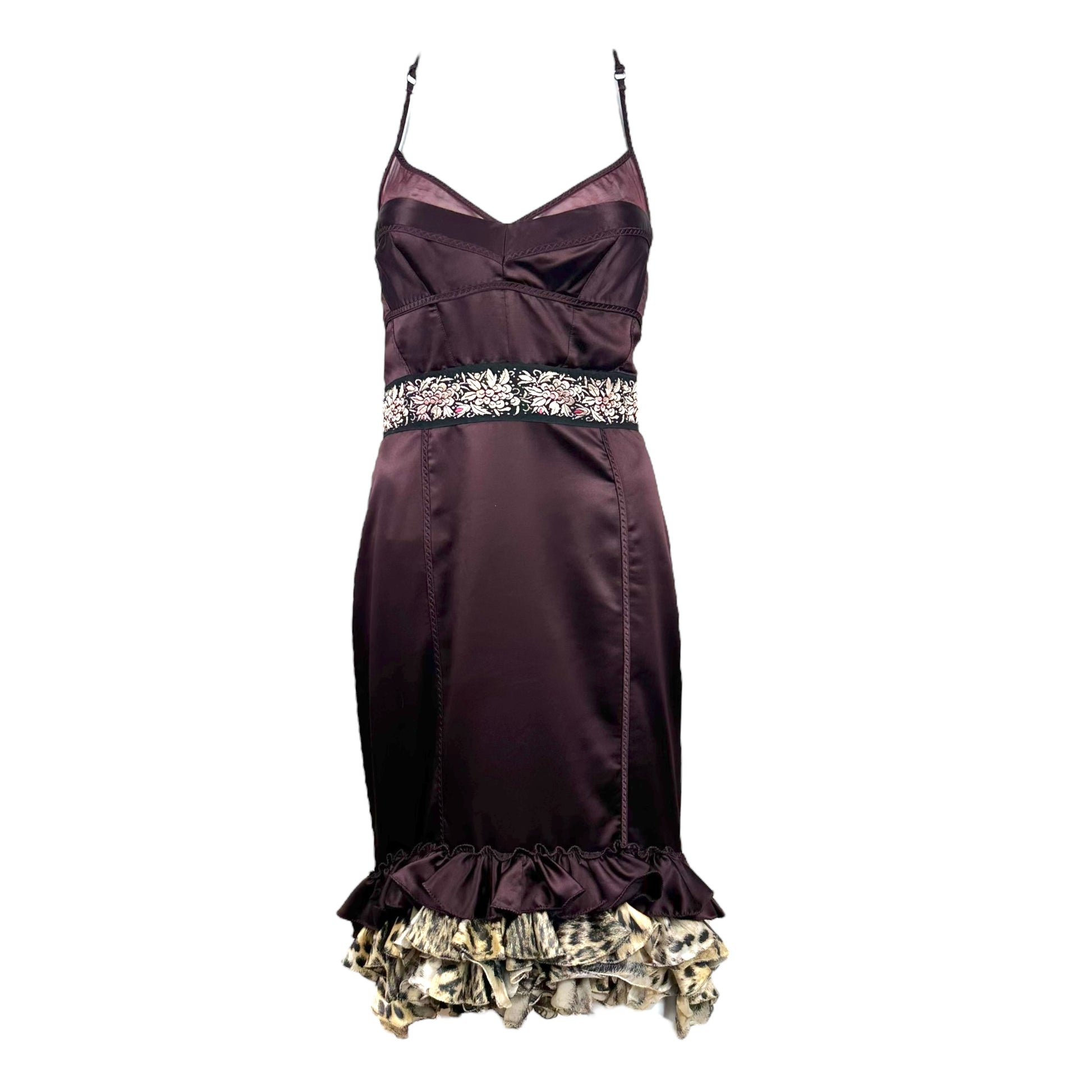 Just Cavalli Roberto Cavalli Burgundy Satin Bustier Midi Dress w/ Leopard Trim - Outfit Repeater