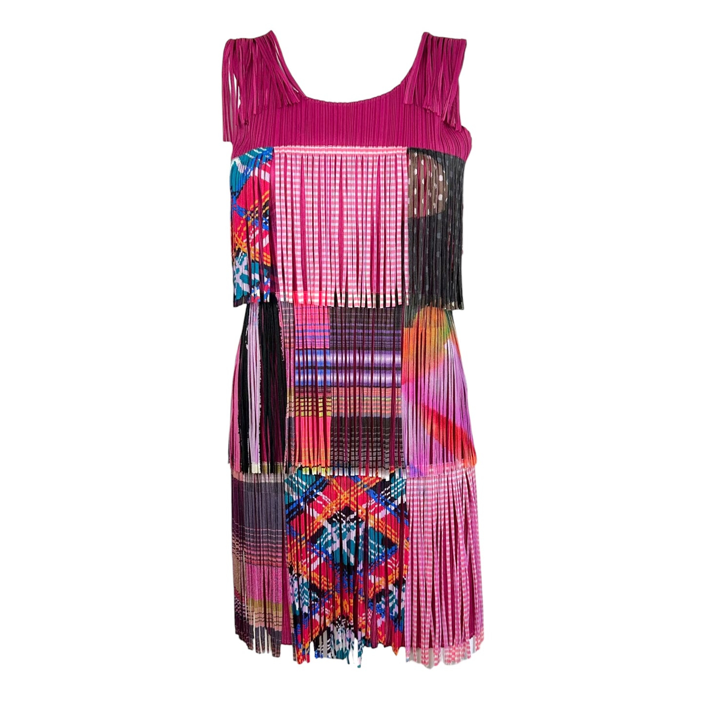 Issey Miyake Pleats Please Pink Multicolor Plaid Print Fringe Mini Dress