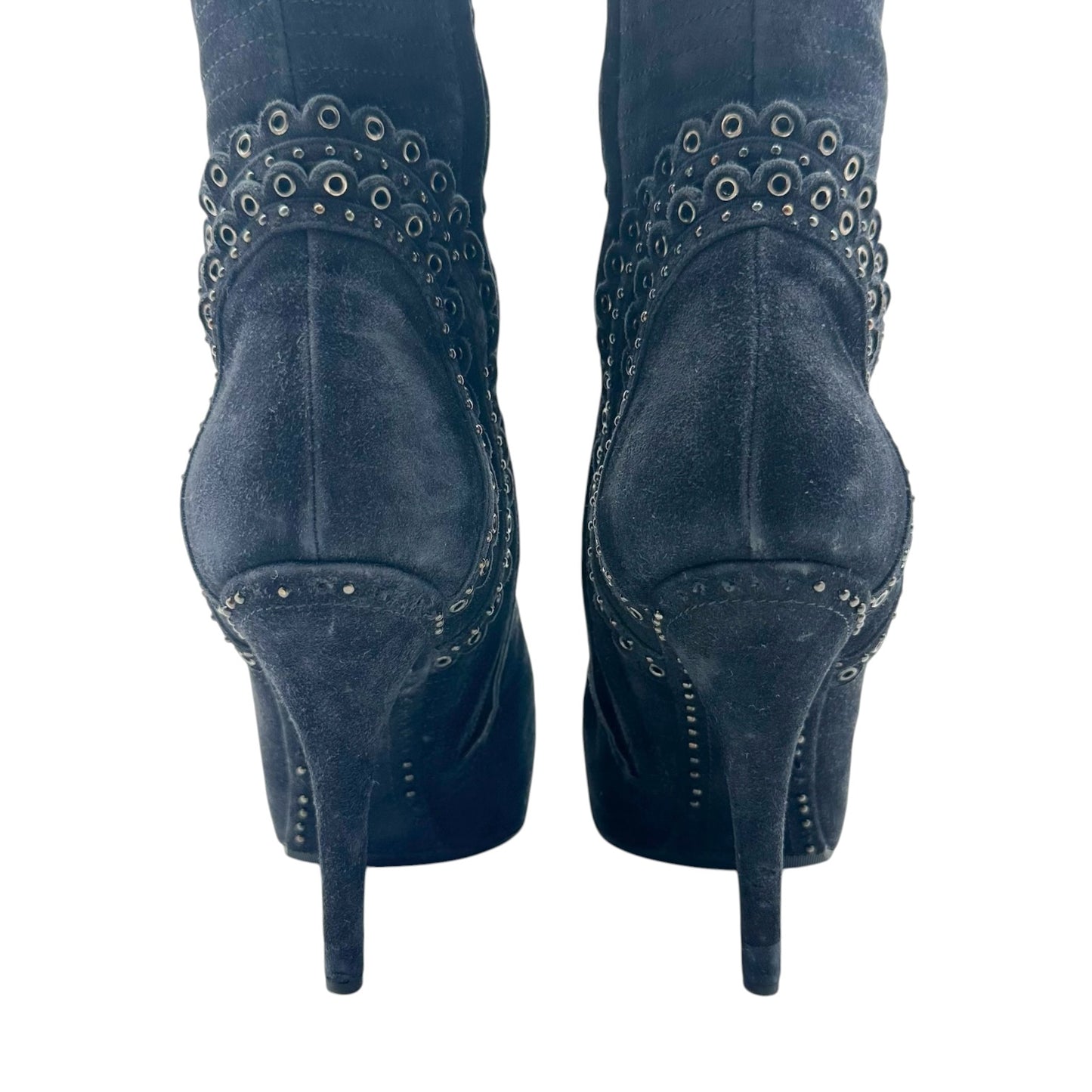 Christian Dior F/W 2011 Black Suede & Silver Rivet Lace Up Knee High Heeled Boots