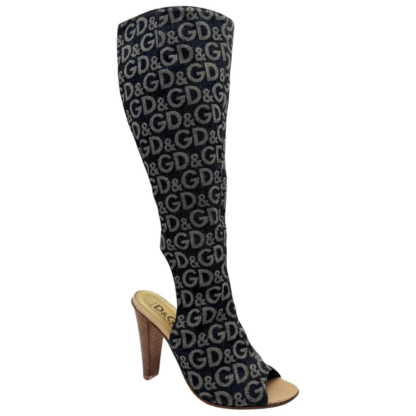 D&G Dolce & Gabbana Denim Logo Open Toe Heeled Boots - Outfit Repeater